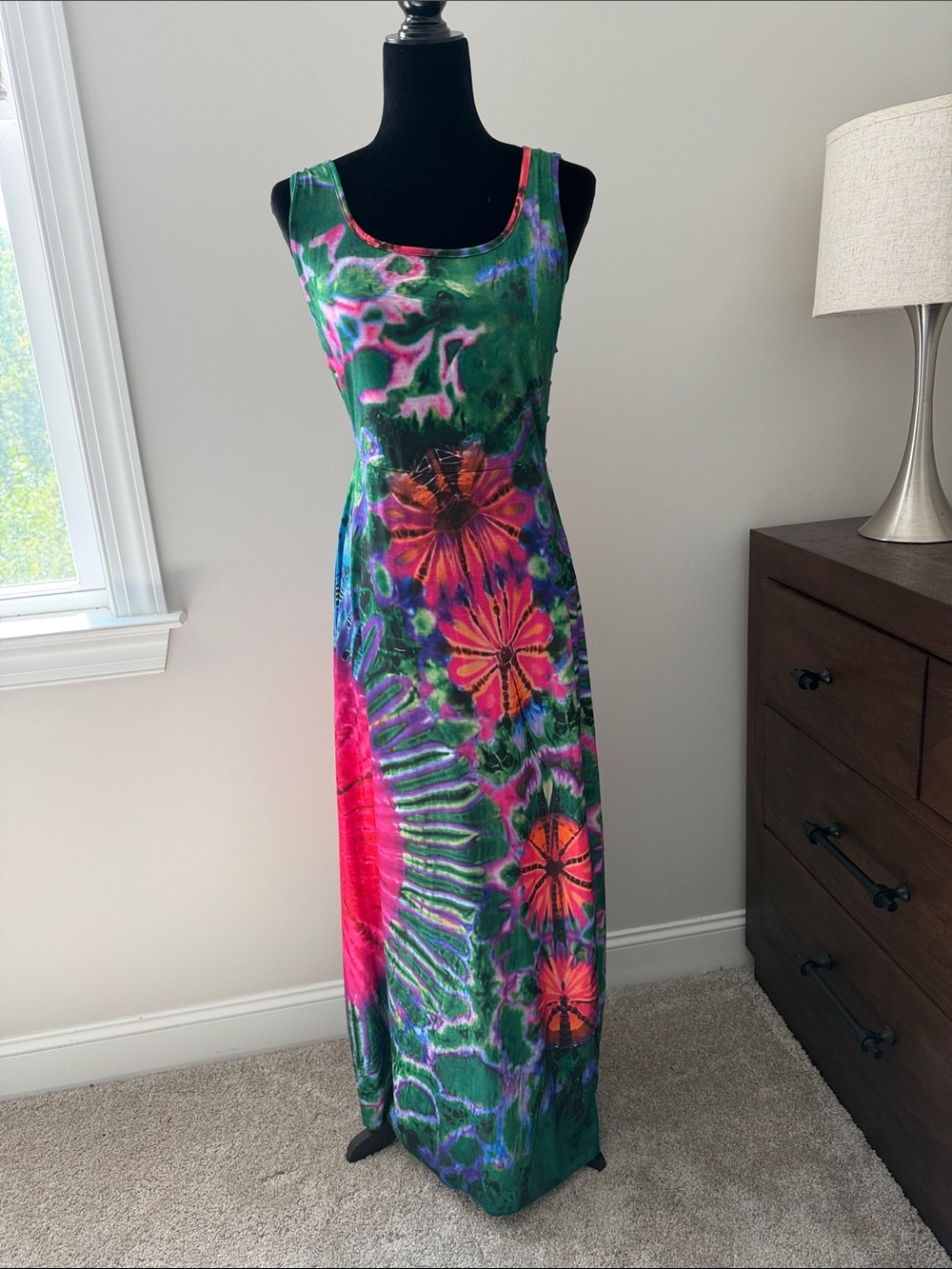 Vibrant Green Tie-Dye Floral Maxi Dress